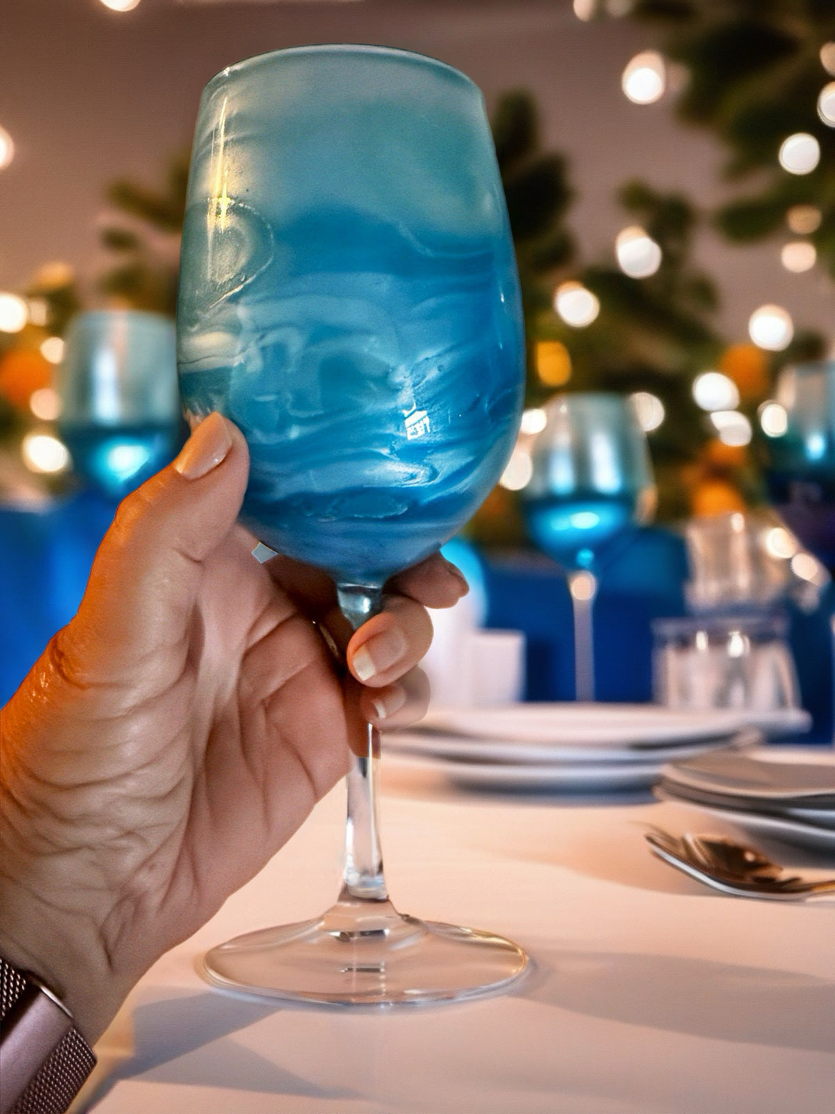 Frosted Ocean Mist Hand-Painted Stemmed Wine Glass