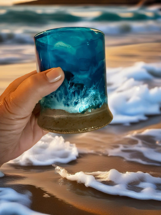 Coastal Ocean Shoreline Hand-Painted Whiskey Glass