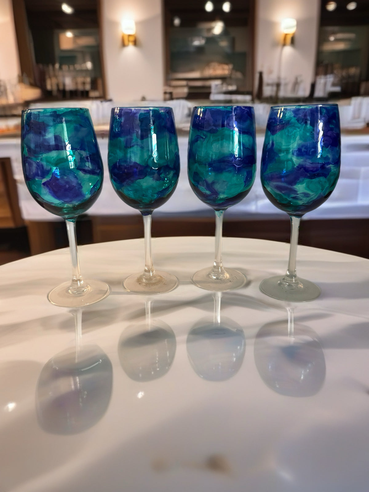 Sapphire & Aqua Tide Hand-Painted Stemmed Wine Glass