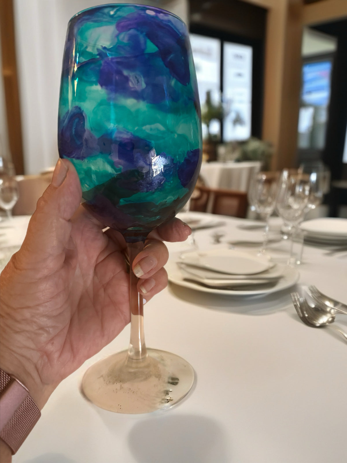 Sapphire & Aqua Tide Hand-Painted Stemmed Wine Glass