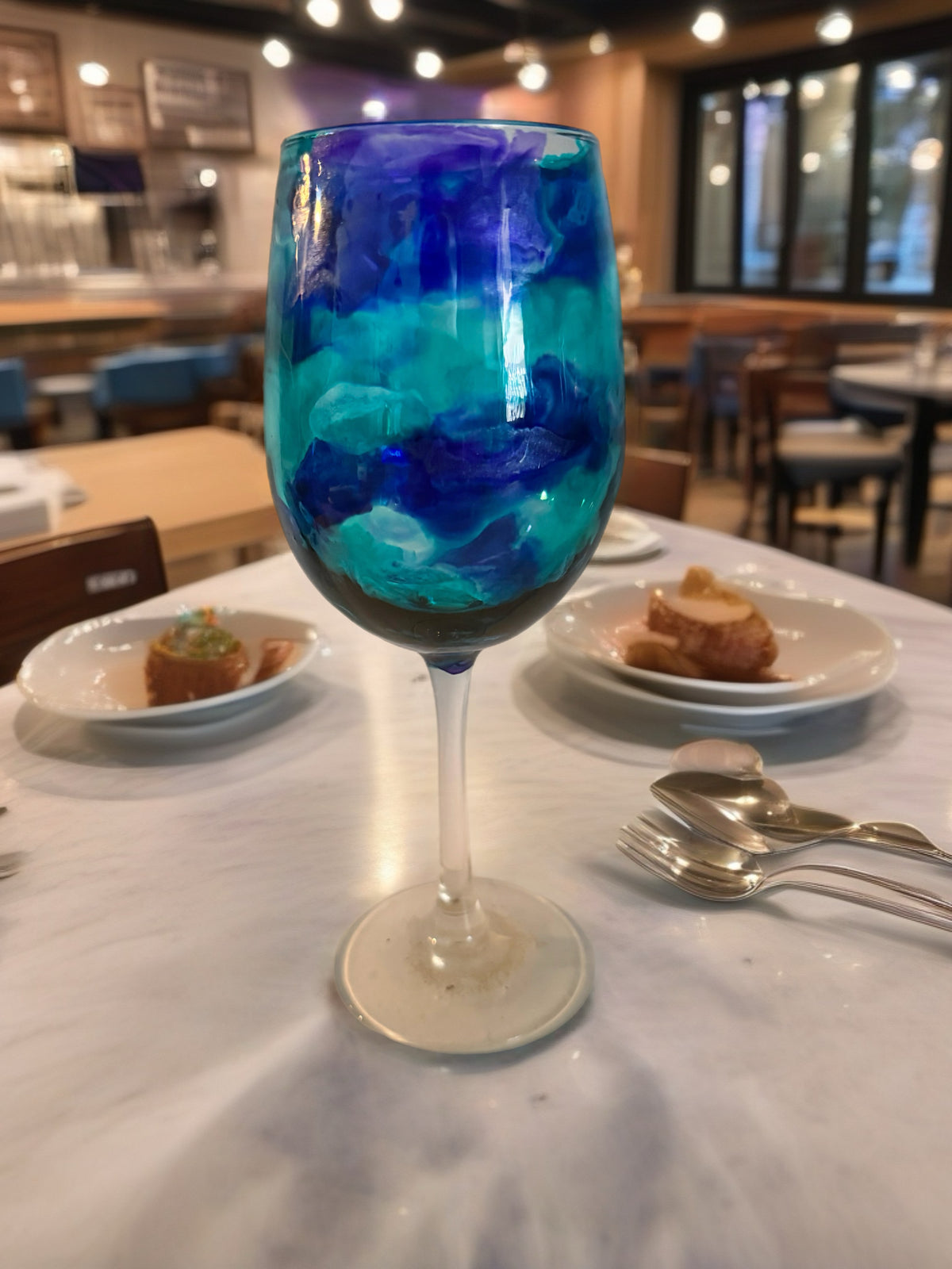 Sapphire & Aqua Tide Hand-Painted Stemmed Wine Glass