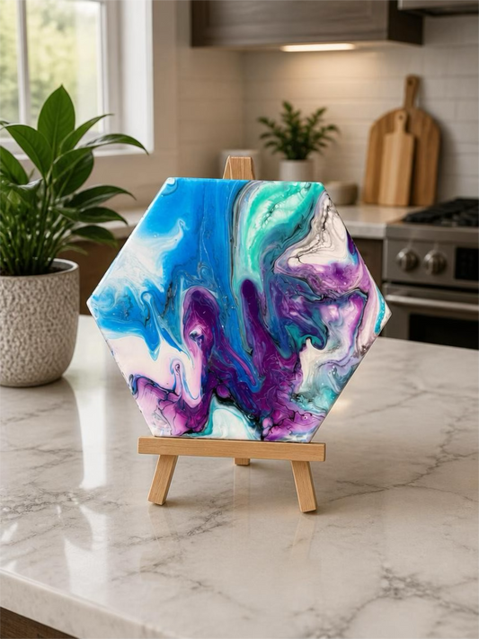 Ocean Whisper Hexagon Trivet – 9-Inch Hand-Painted Fluid Art & Resin