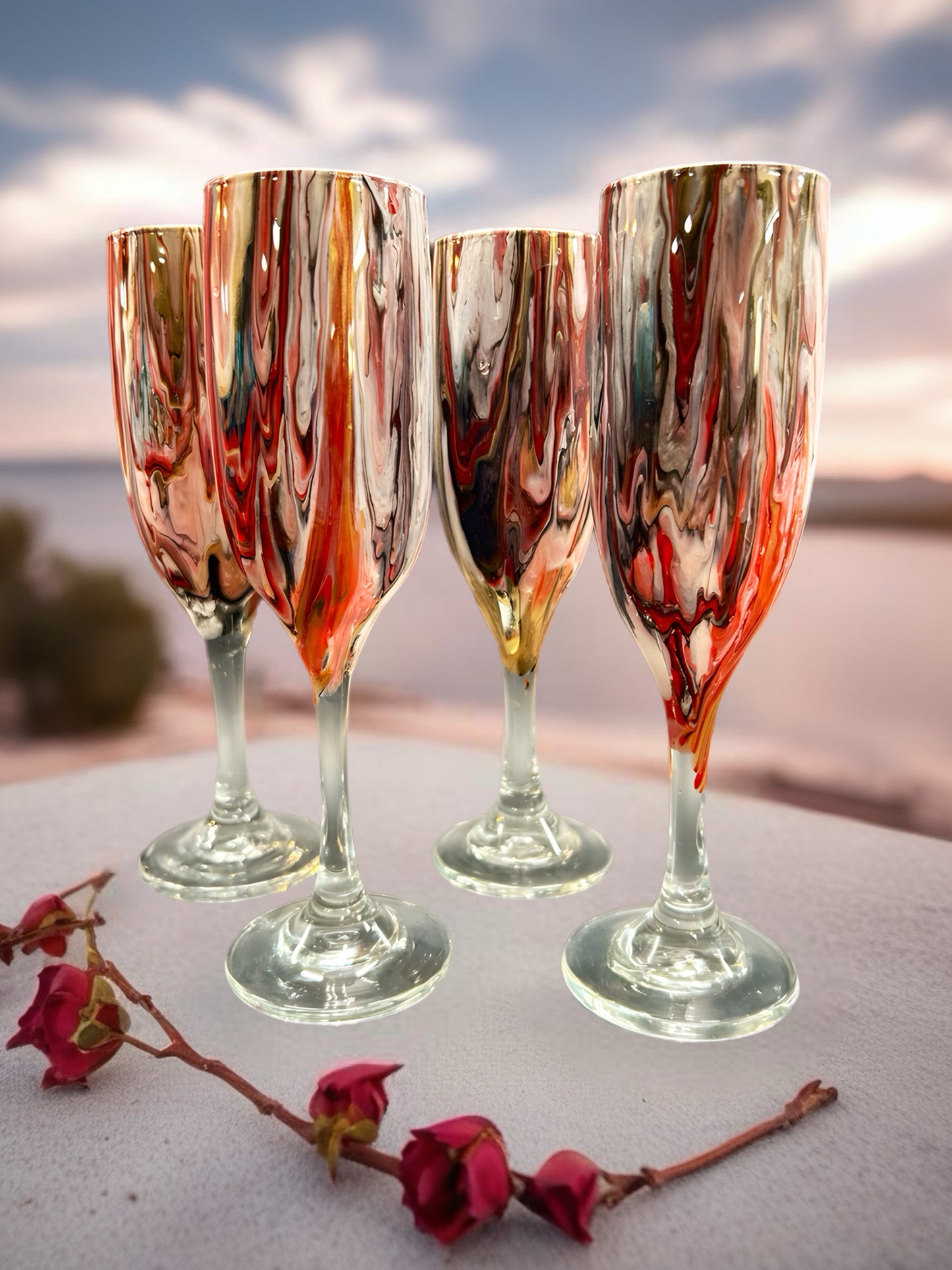 Hand‑Painted Red Marbled Champagne Flute