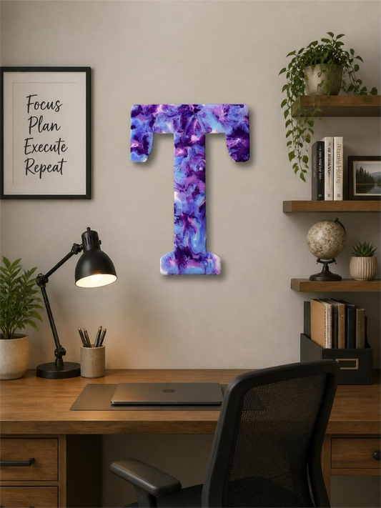 Amethyst Swirl Hand-Painted Resin Decorative Letter "T" – 12-Inch Custom Wall & Shelf Accent