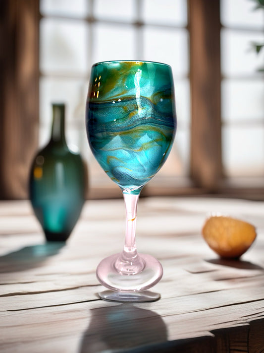 Hand-Painted Teal & Gold Shimmer Wine Glass