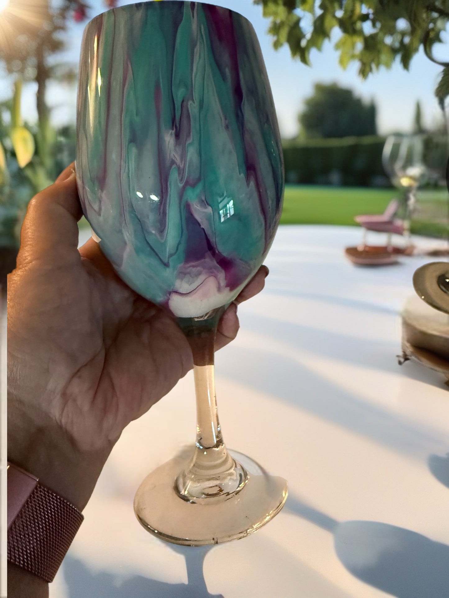 Handcrafted Turquoise & Blue Marbled Wine Glass