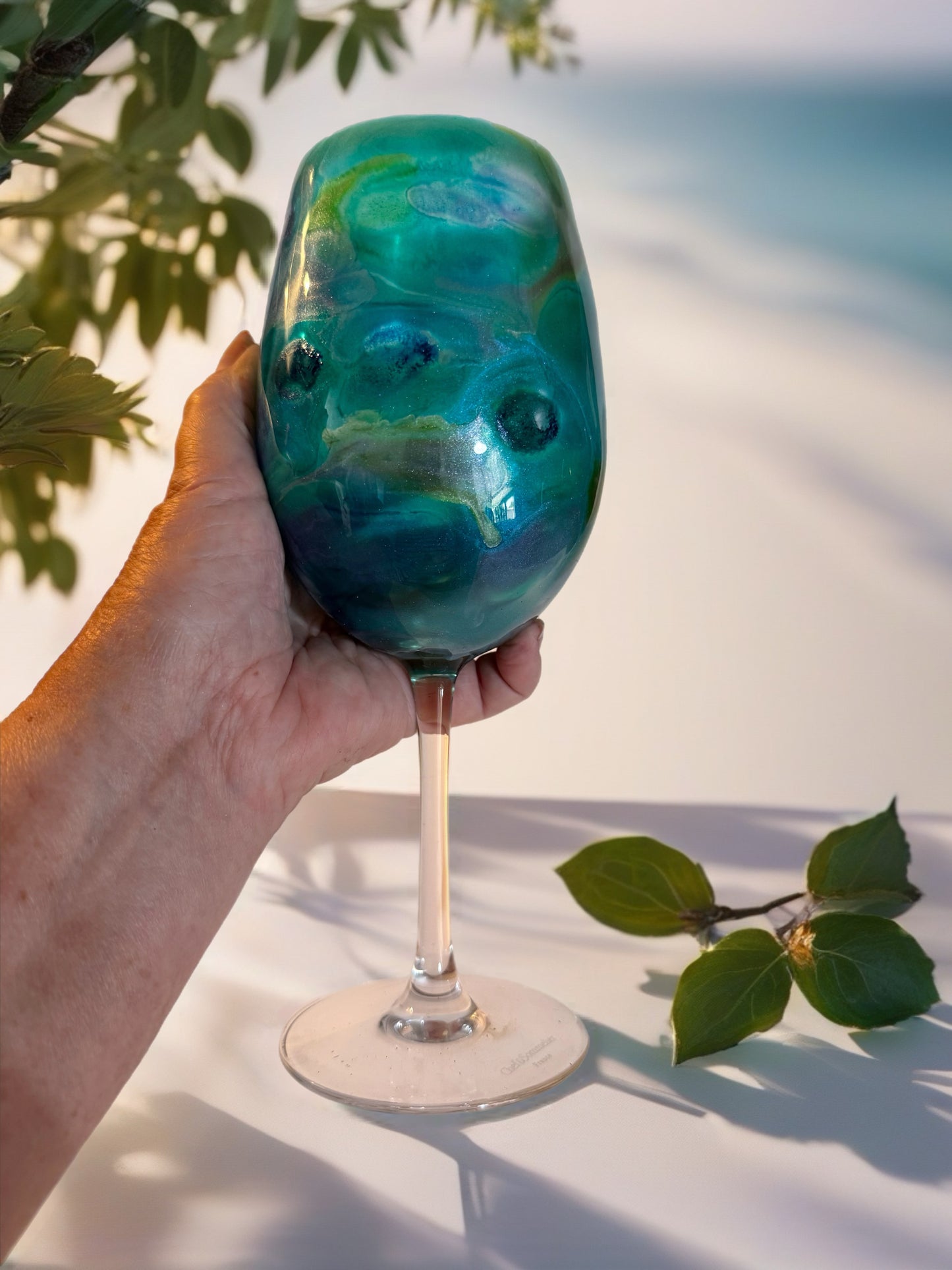 Handcrafted Blue, Green & Turquoise Marbled Wine Glass