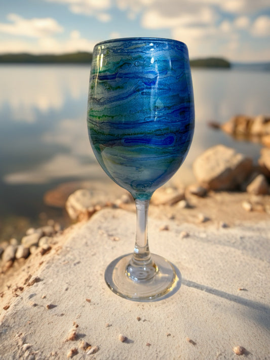 Handcrafted Blue, Green & Turquoise Marbled Wine Glass