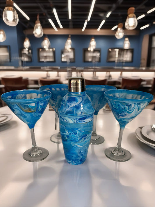 Blue Nebula Cocktail Gift Set – 5-Piece Shaker and Martini Glass Ensemble
