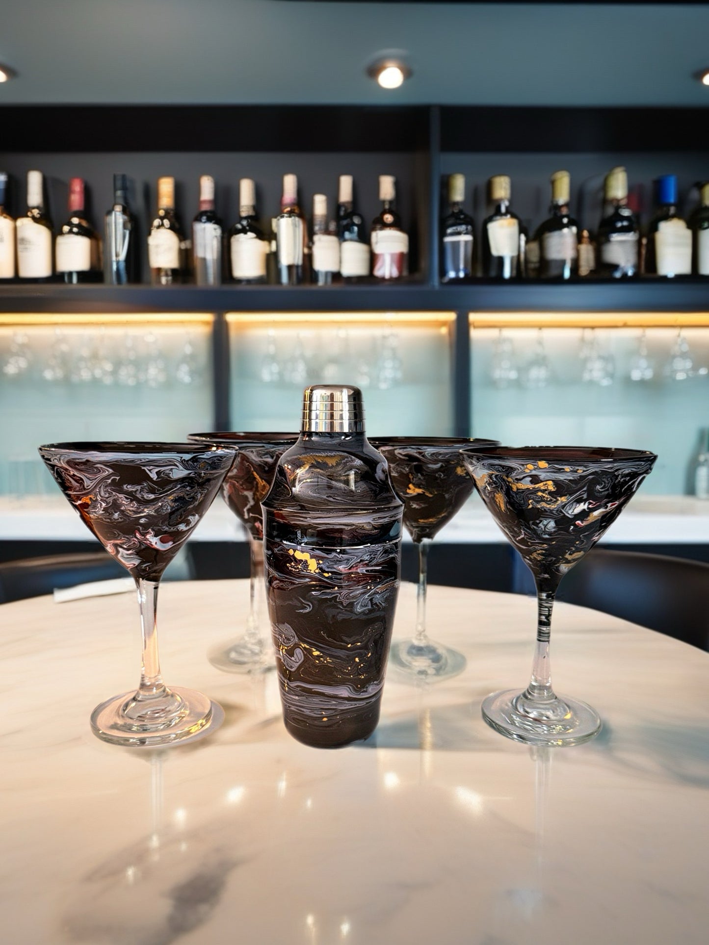 Black Obsidian Swirl Cocktail Set – Shaker with 4 Gold-Accented Martini Glasses