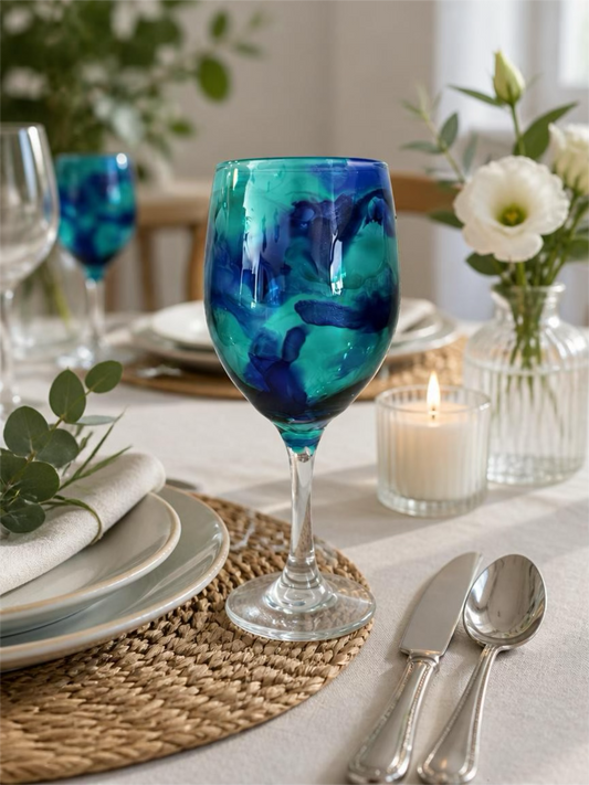 Deep Sea Marbled Wine Glass – Vibrant Blue & Teal Stemmed Glass