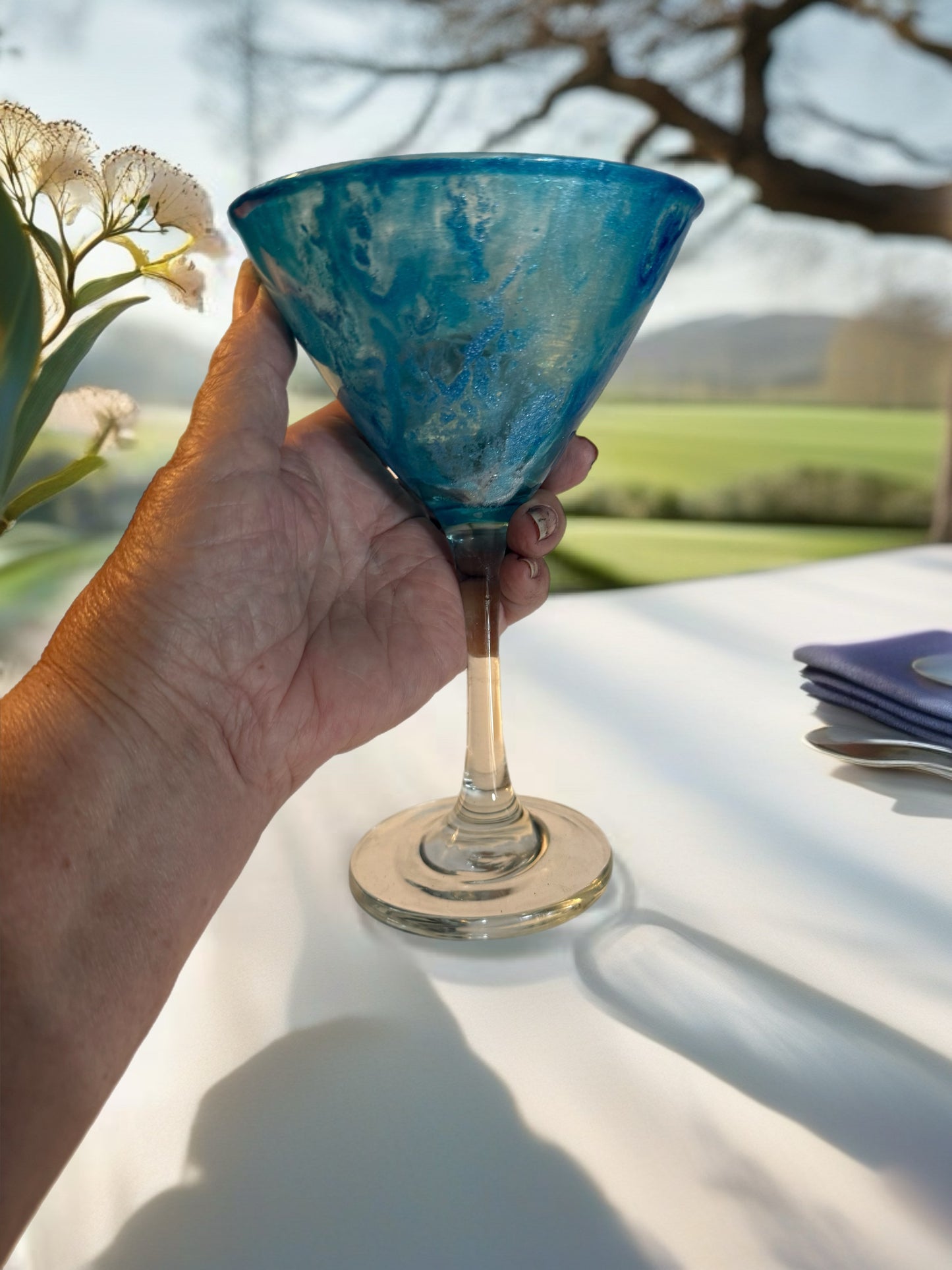 Hand‑Painted Blue Drift Martini Glass