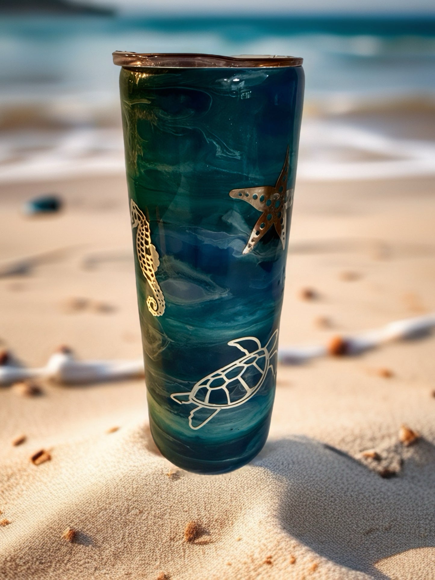 "Deep Sea Turtle" Silver & Teal Swirl Tumbler