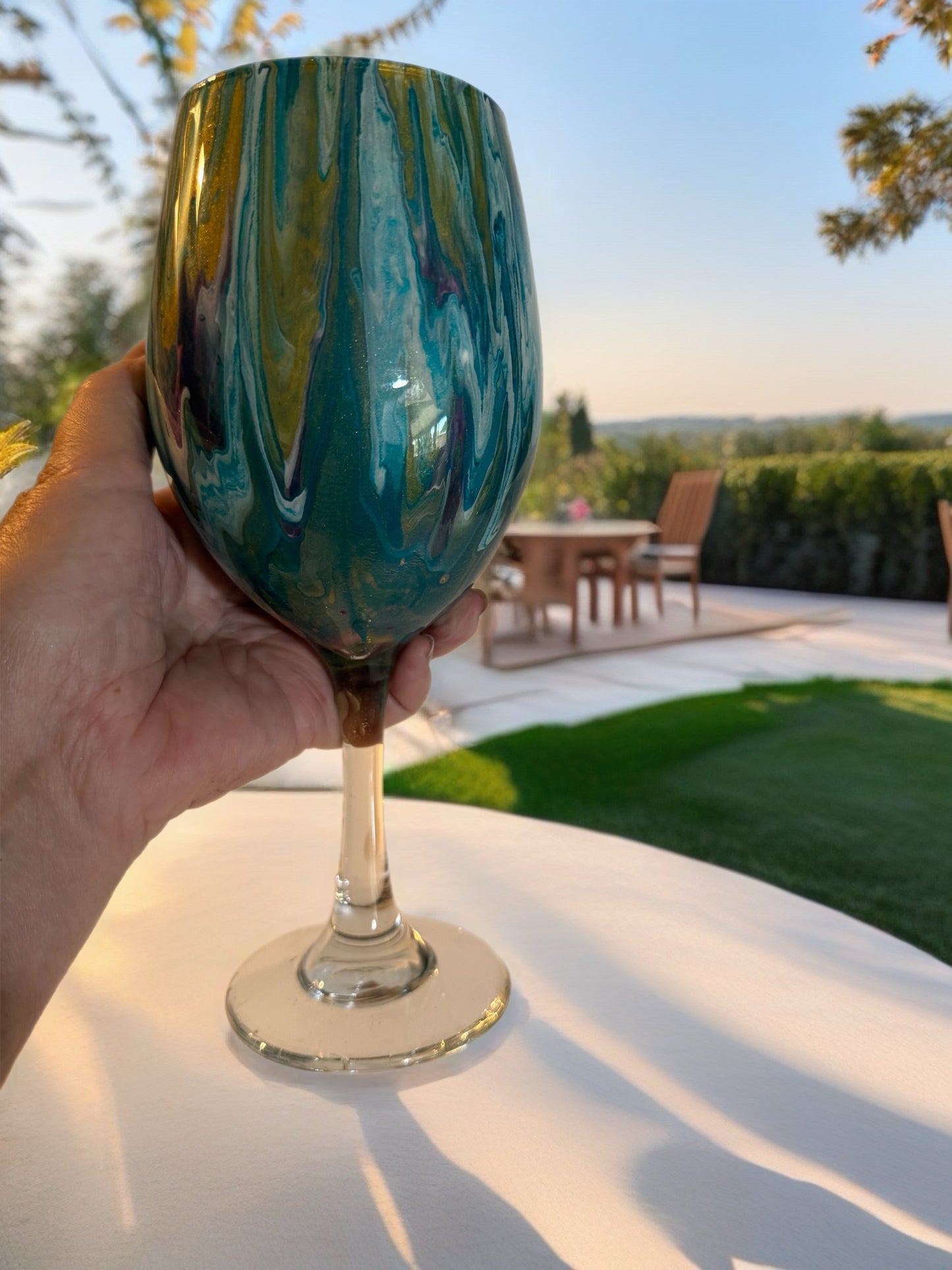 Handcrafted Blue & Teal Marbled Wine Glass