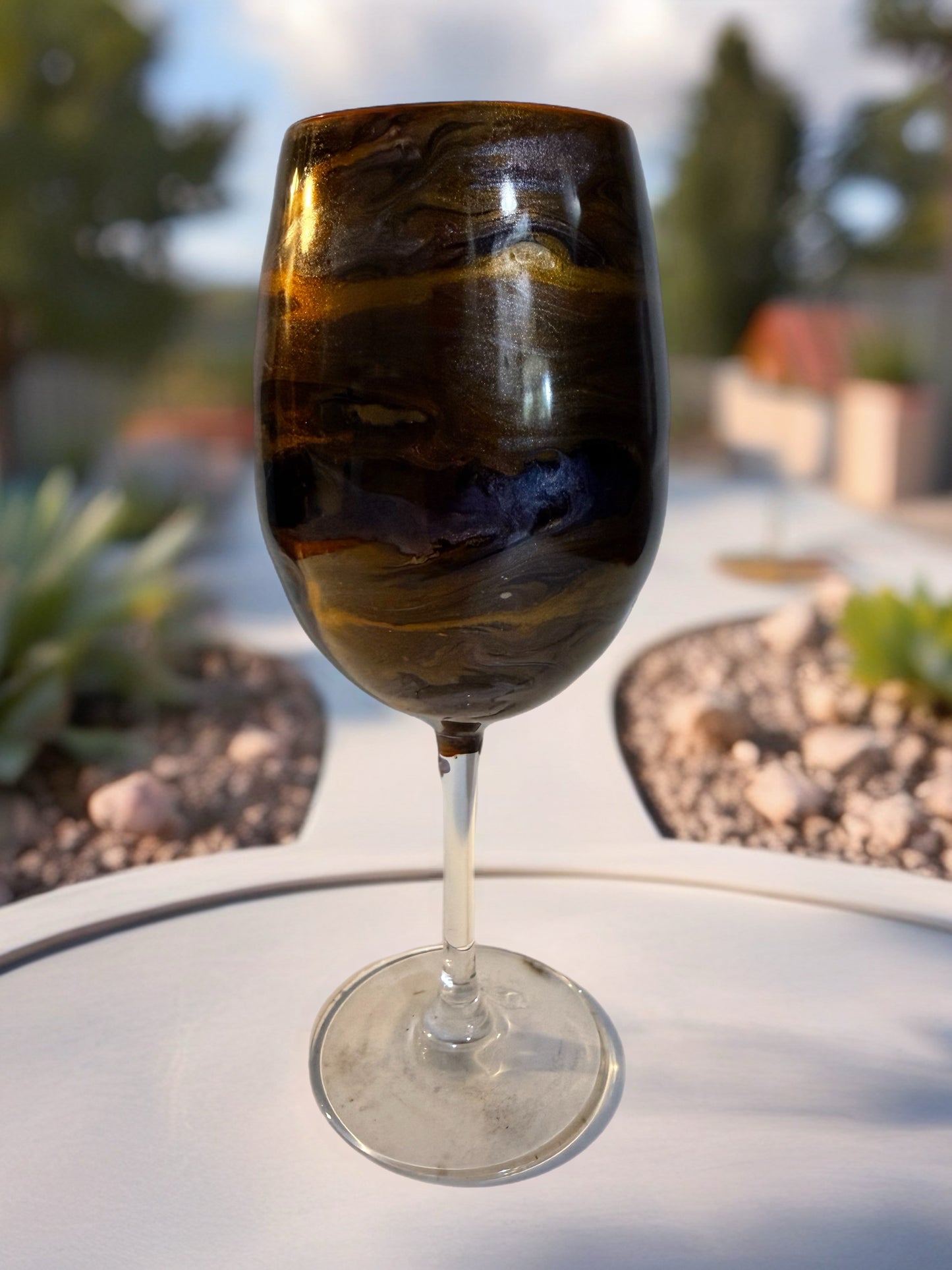 Handcrafted Brown, Gold & Bronze Marbled Wine Glass