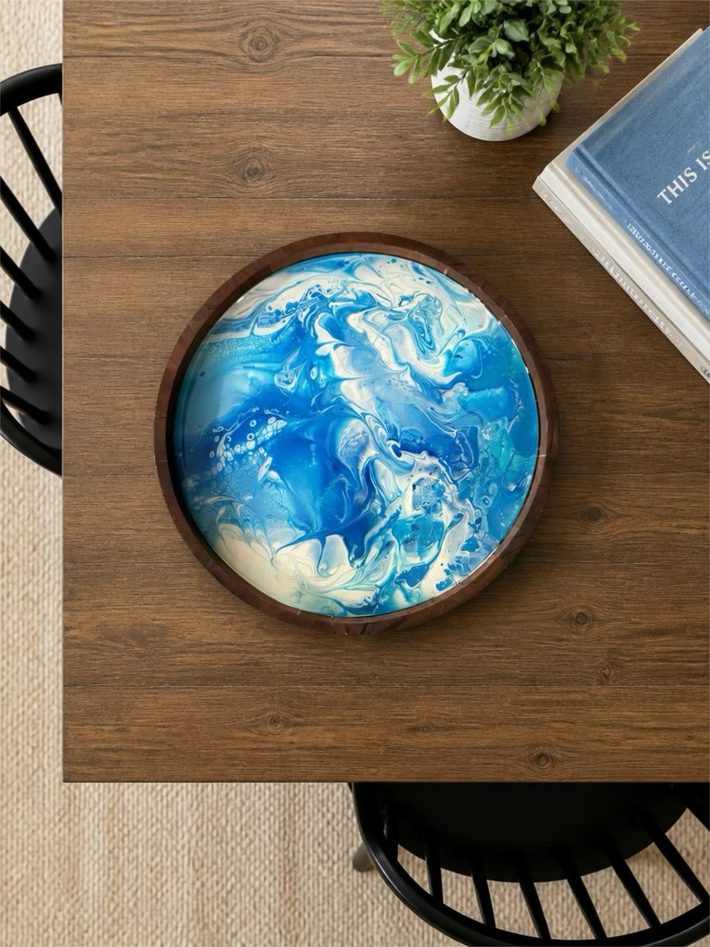 “Blue Tide Drift” 12‑Inch Handcrafted Wooden Tray