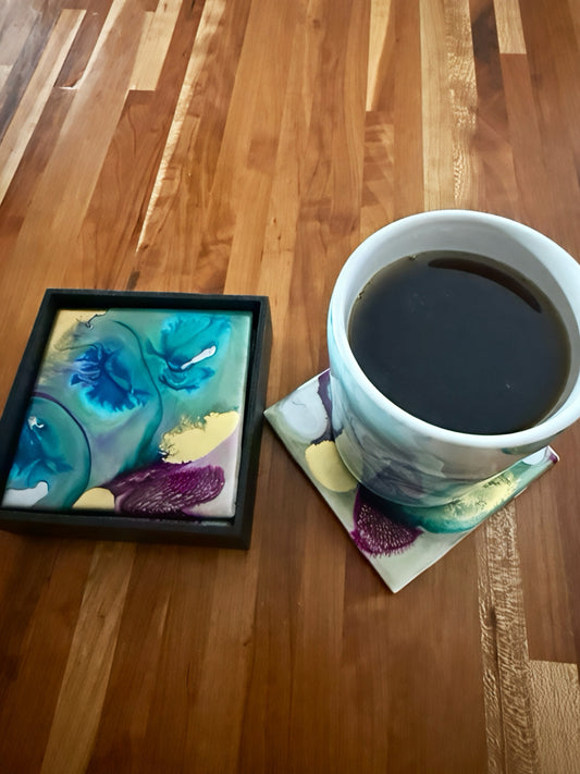 "Floral Gilded" Artisan Resin Coaster Set
