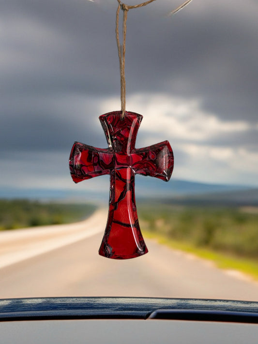 Crimson Mosaic Fluid Art 5-Inch Wooden Cross
