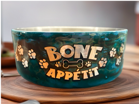 Stainless Steel 60 oz Dog Bowl – “Bone Appétit” Design