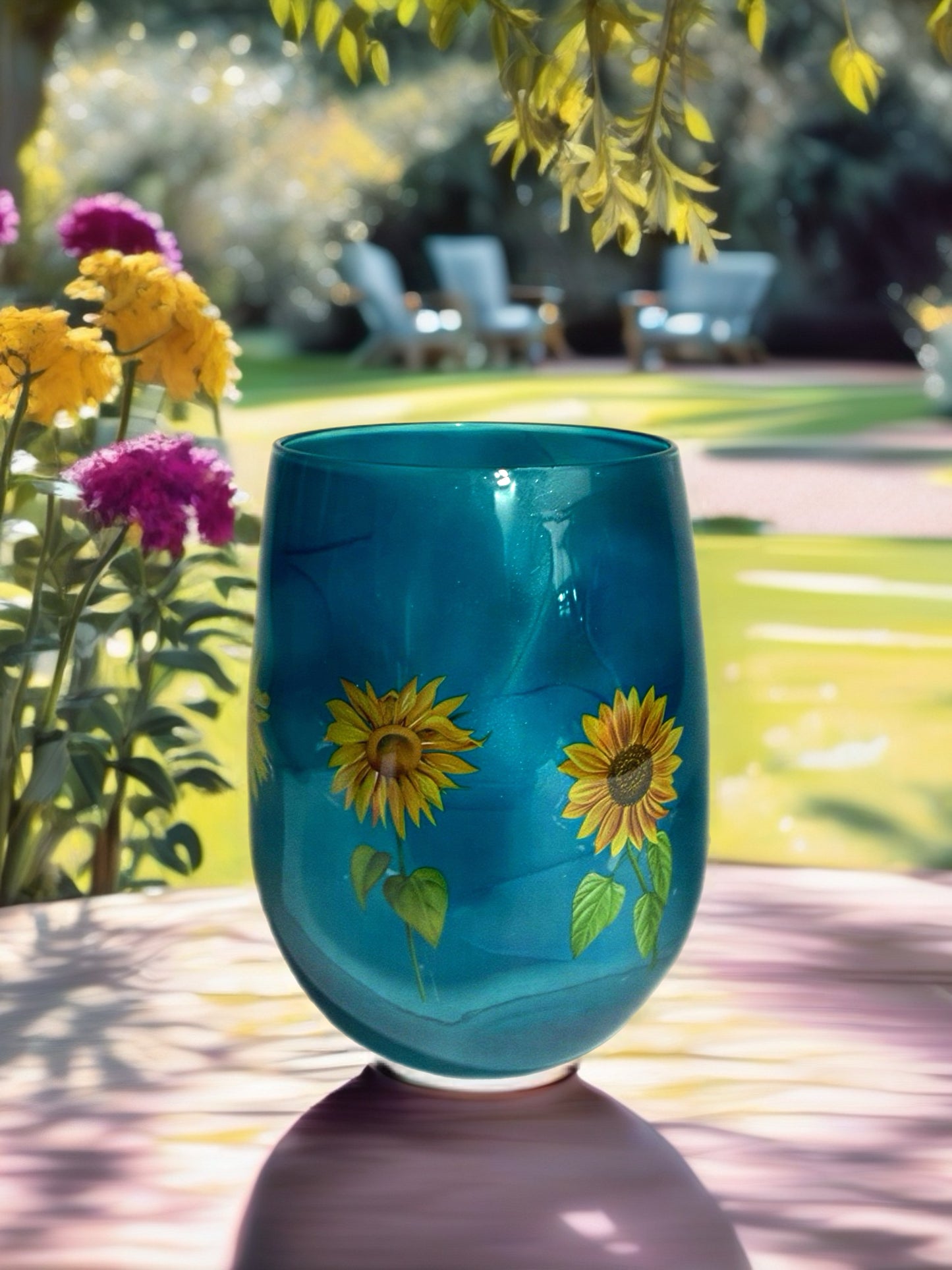 "Be A Sunflower" Teal Shimmer Stemless Glass