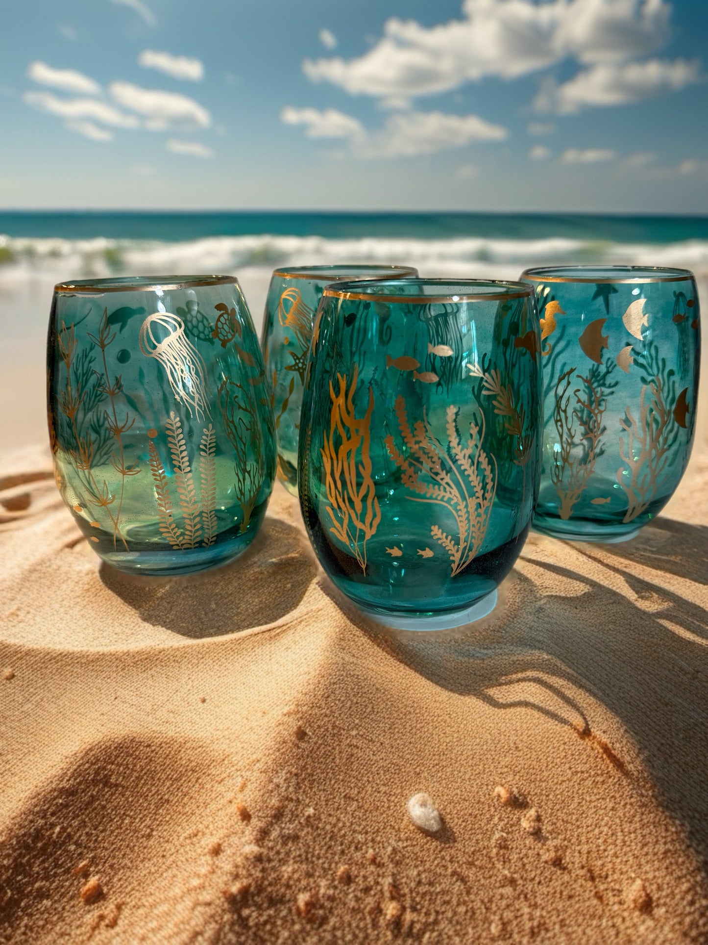 Teal Coastal Wine Glass - Handcrafted with Gold Marine Art