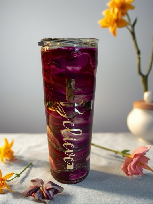 "Believe" Radiant Plum & Gold Cross Tumbler