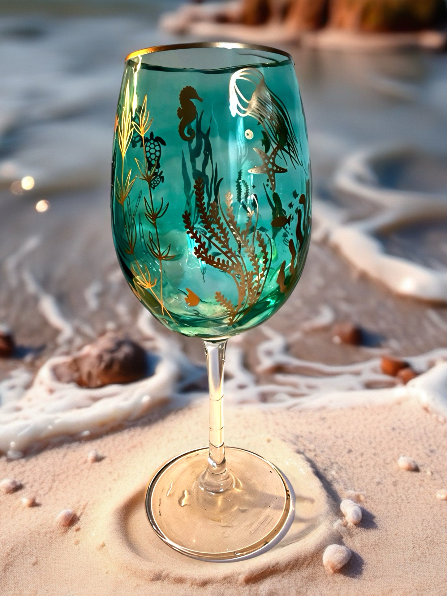 Handcrafted Turquoise Ocean‑Life Wine Glass