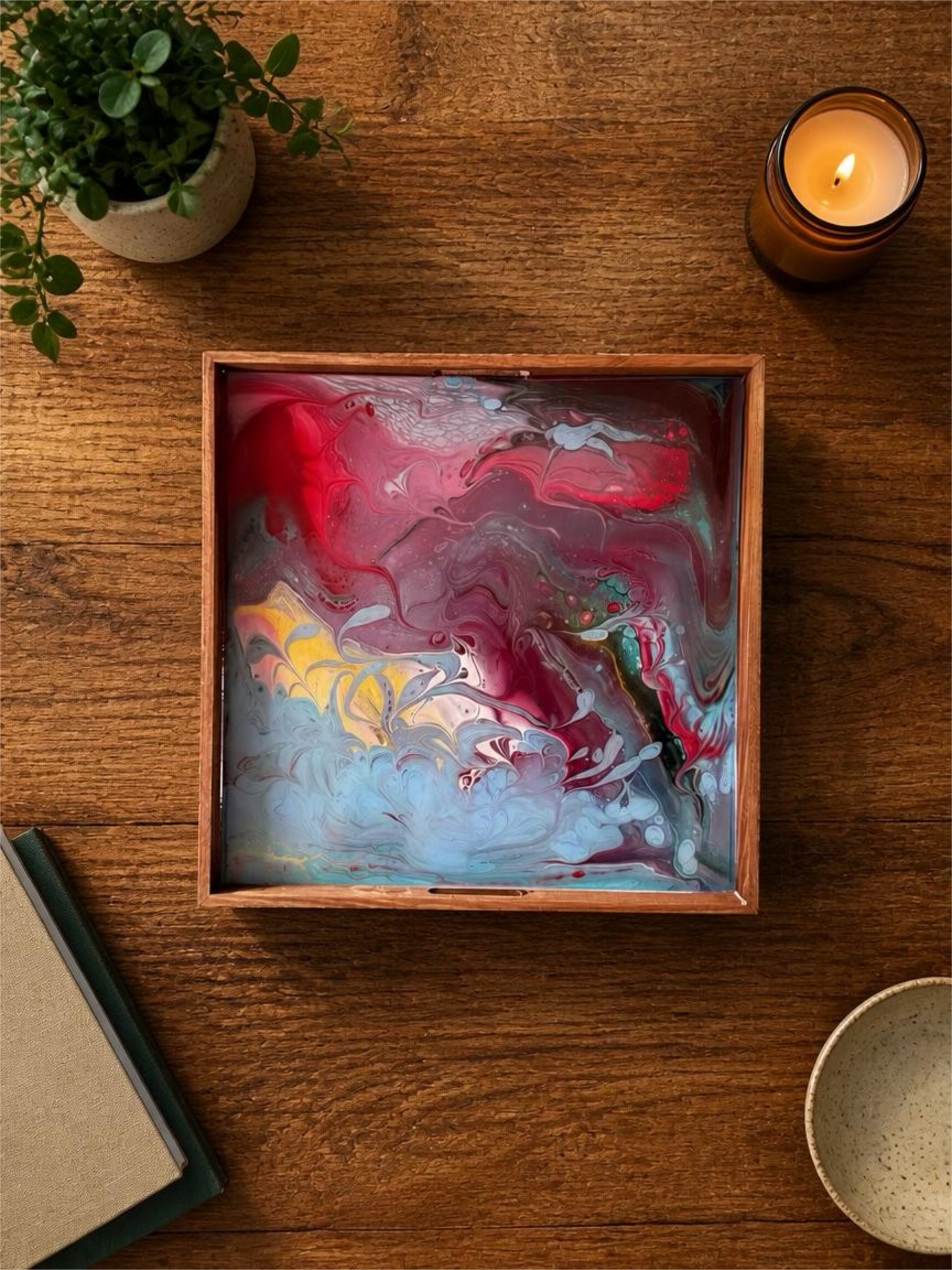 Sunset Marble Acrylic Resin Tray – 12-Inch Wooden Decor Accent