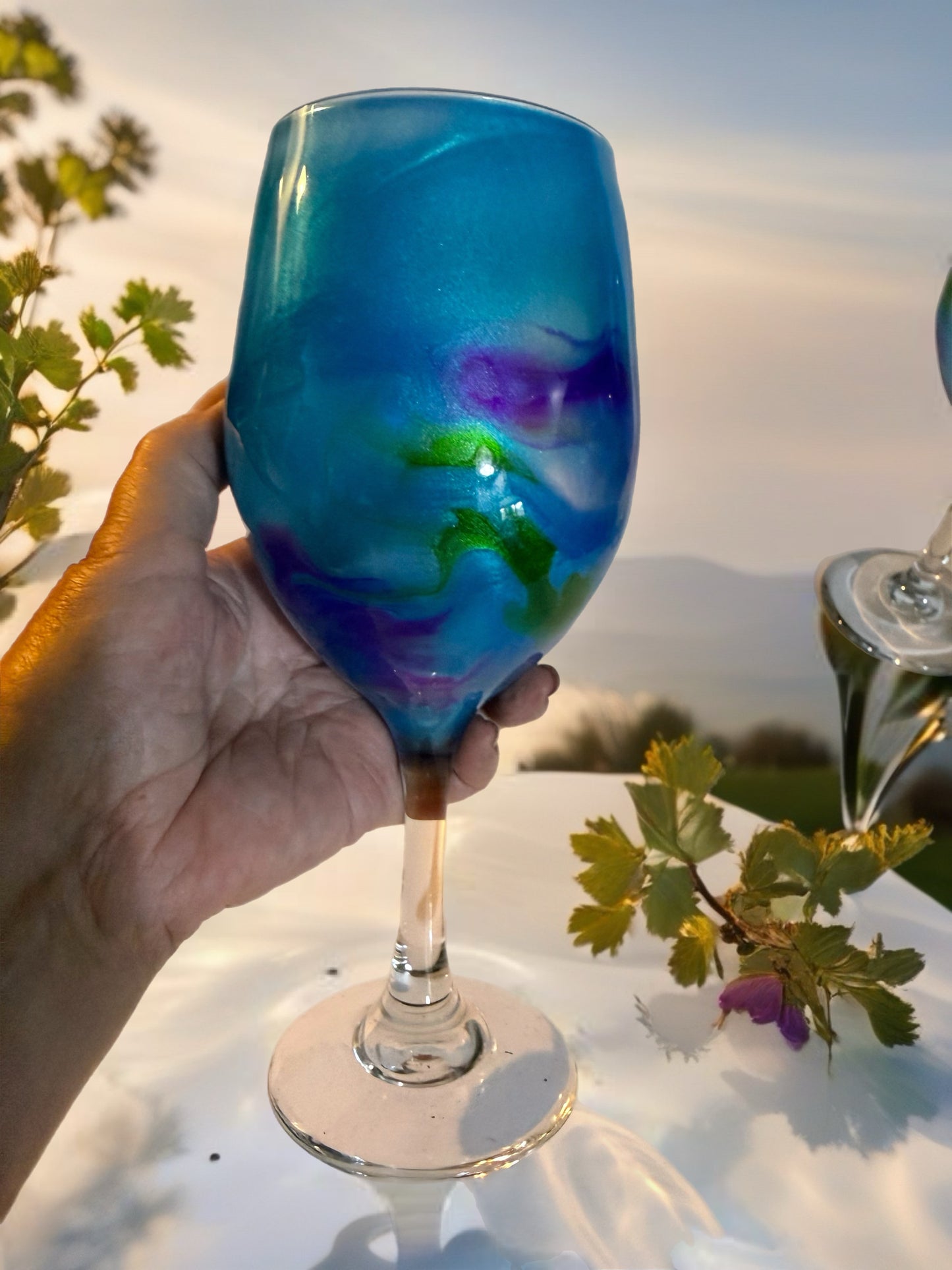 Handcrafted Blue, Purple & Green Marbled Wine Glass