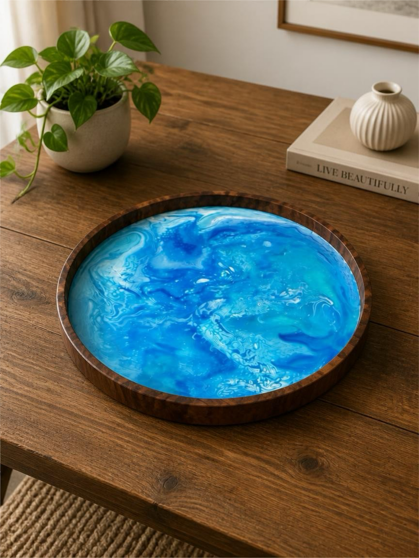 “Blue Horizon Drift” 16‑Inch Handcrafted Wooden Tray
