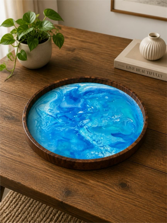 “Blue Horizon Drift” 16‑Inch Handcrafted Wooden Tray
