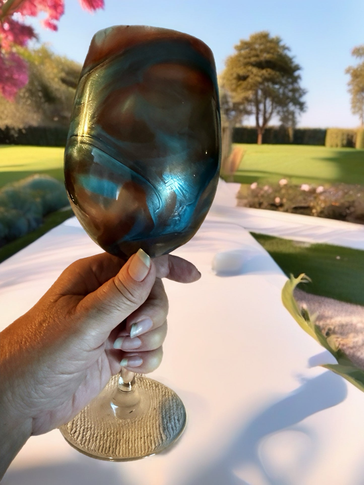 Handcrafted Copper & Teal Marbled Wine Glass
