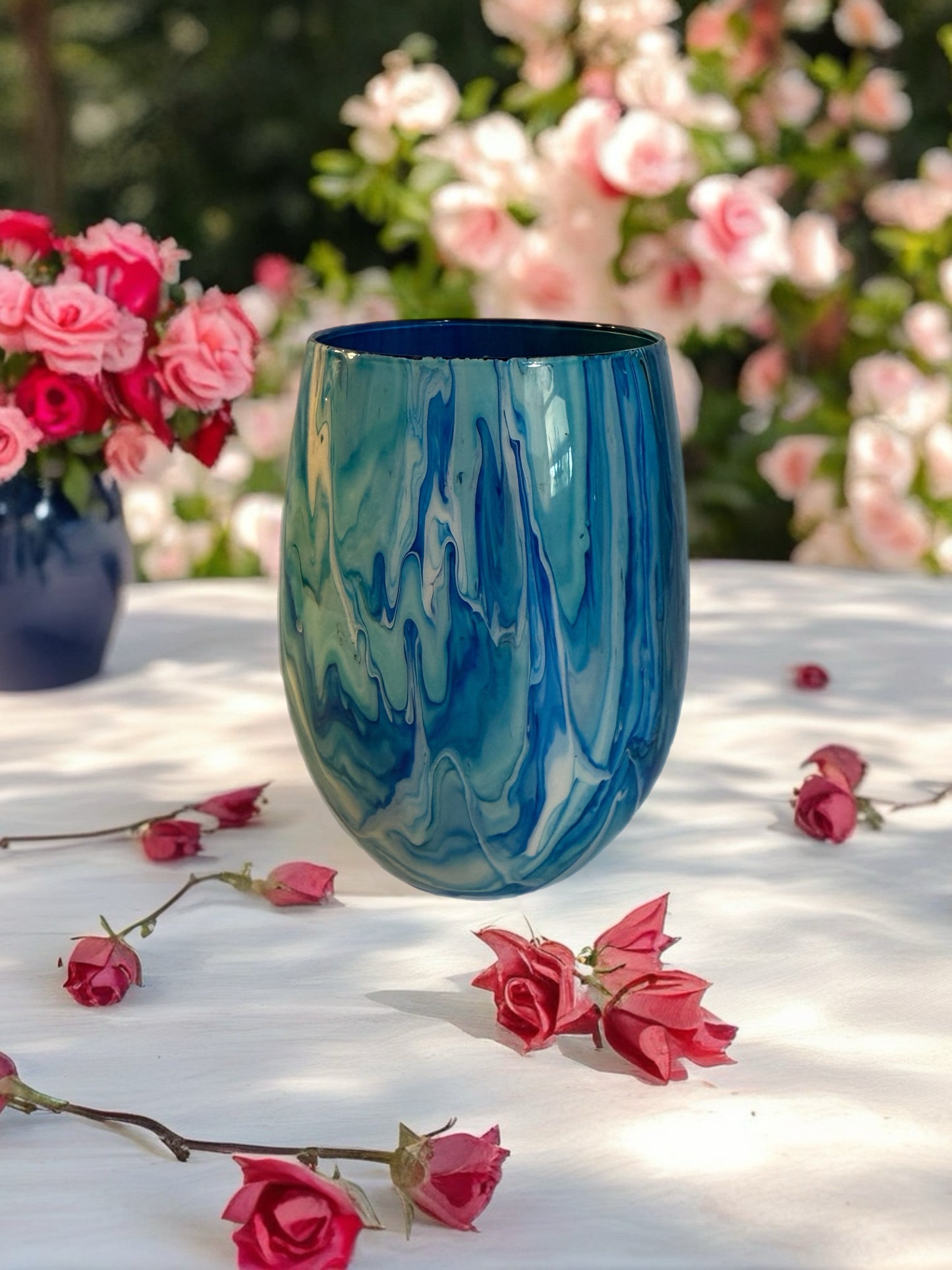 Ocean blue marbled wine glass