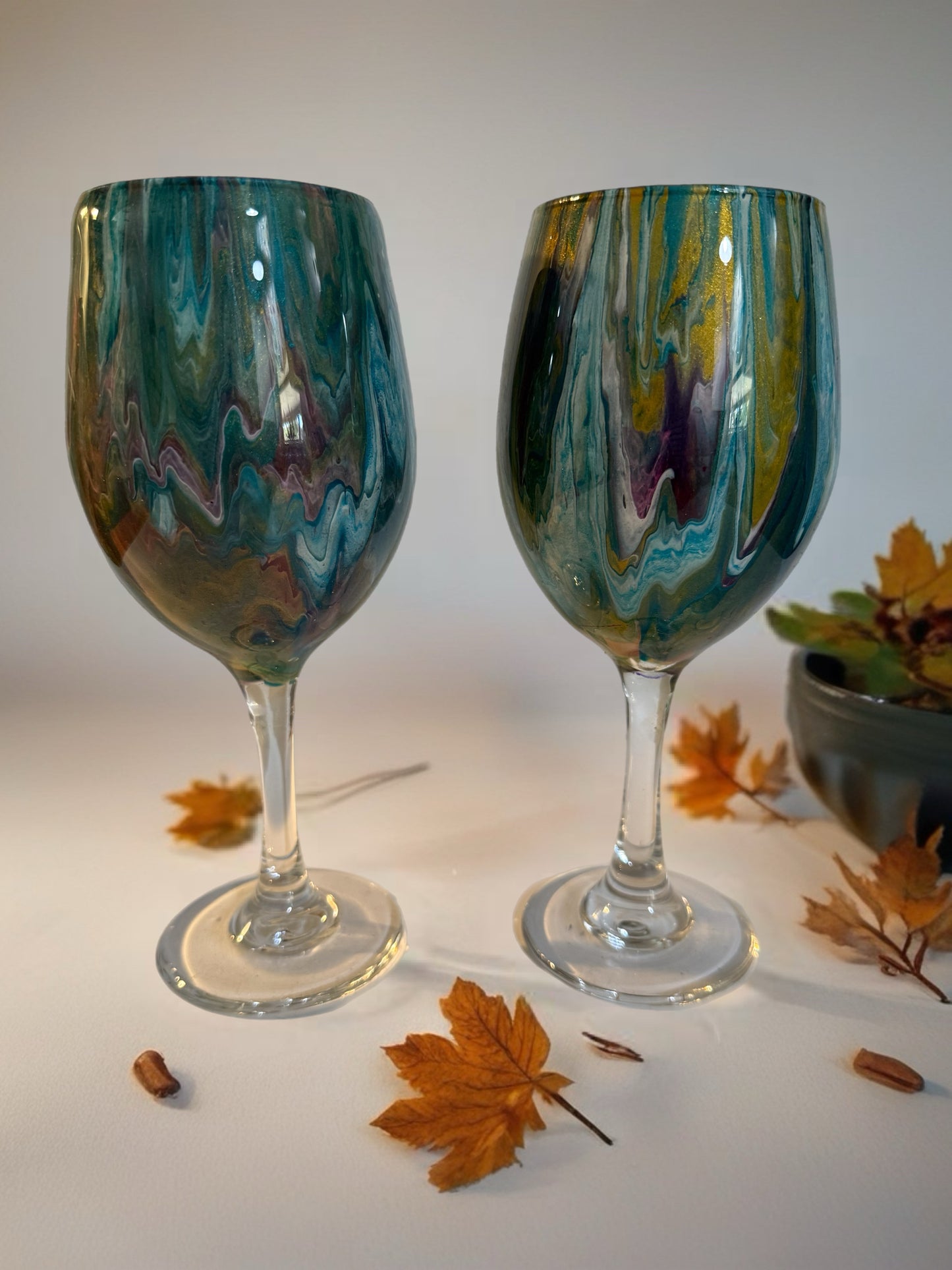 Handcrafted Blue & Teal Marbled Wine Glass