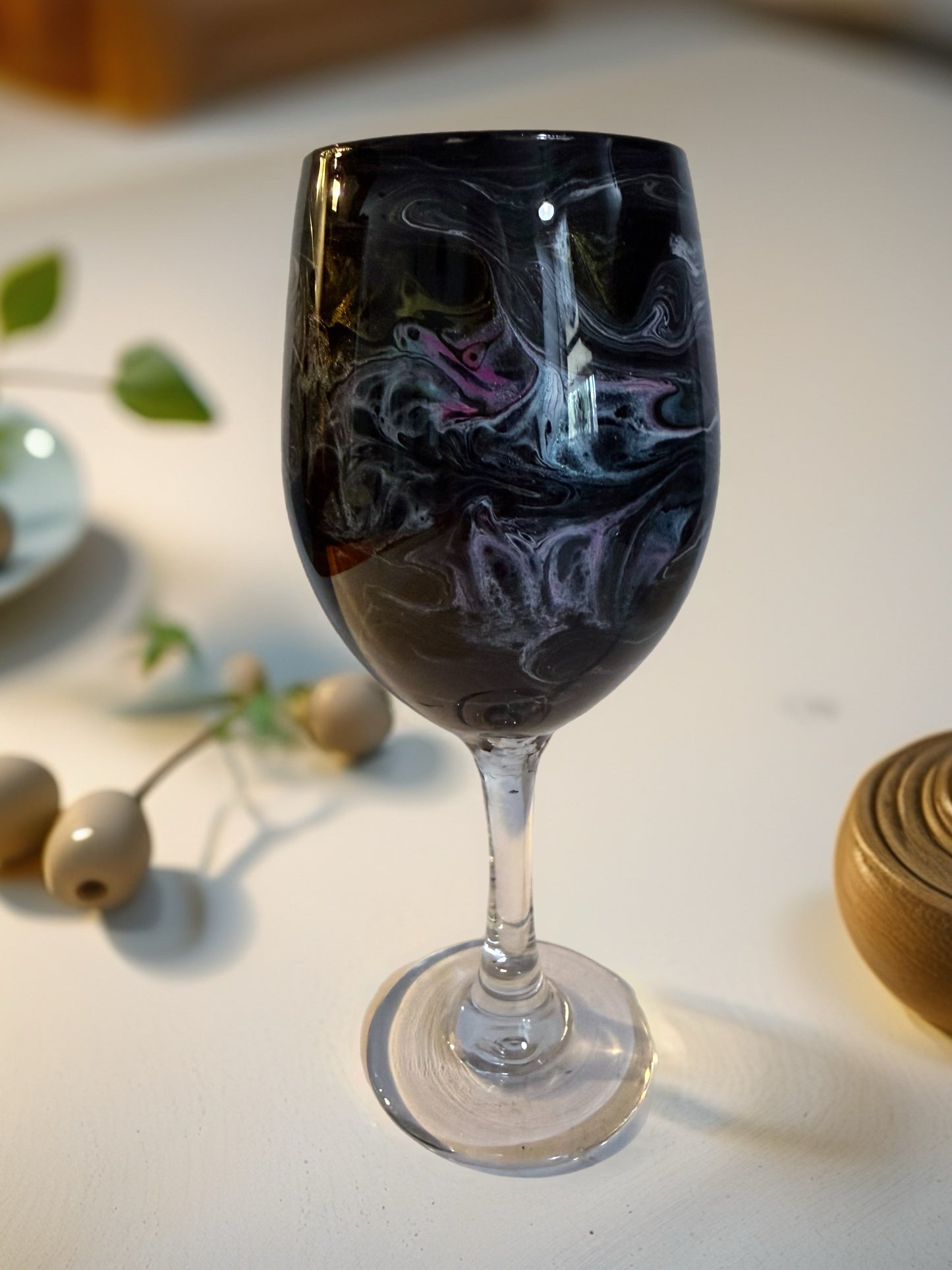 Handcrafted Black, White & Pink Marbled Wine Glass