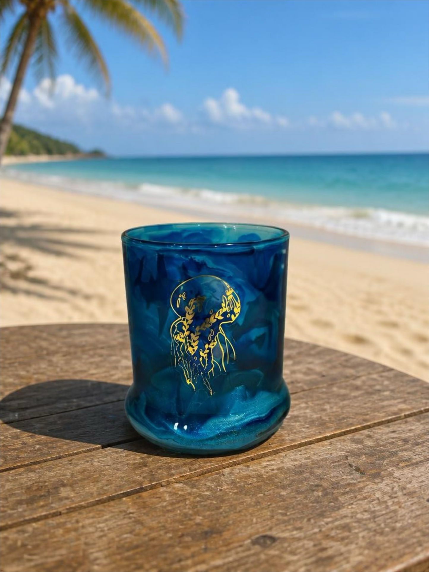 Ocean Realm Gold-Embossed Blue Whiskey Glass