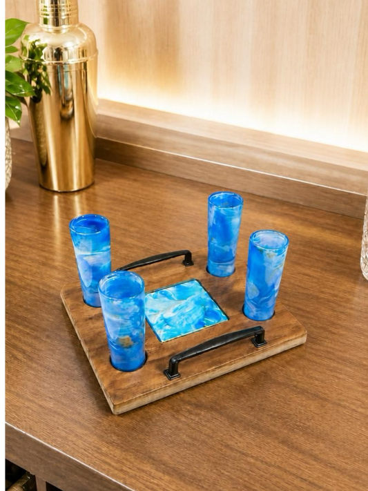 Coastal Breeze 4 Shot Glass Gift Set – Blue Fluid Art Glasses with Custom Wood Tray