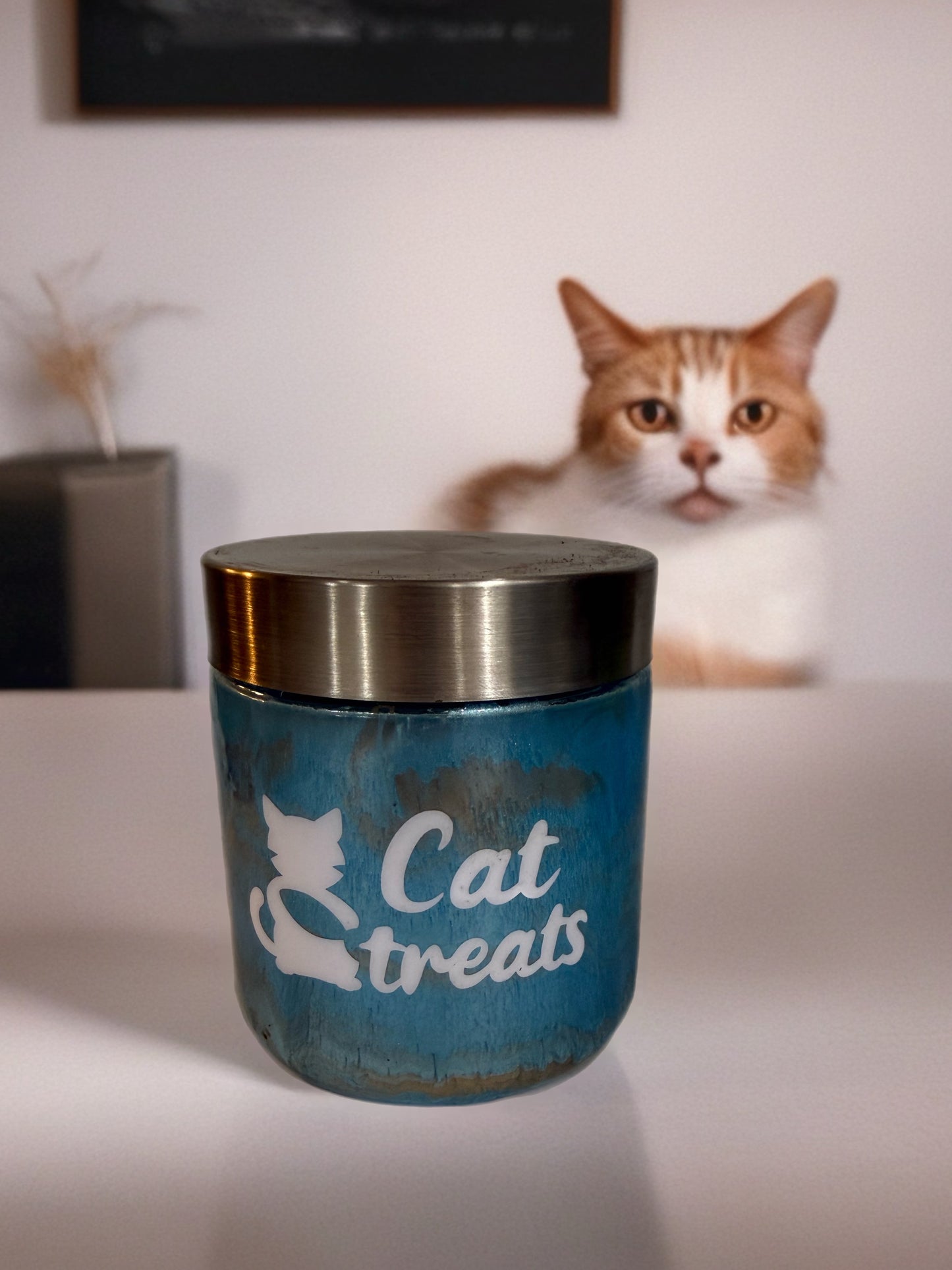 “Cat Treats” Blue Marbled Treat Jar
