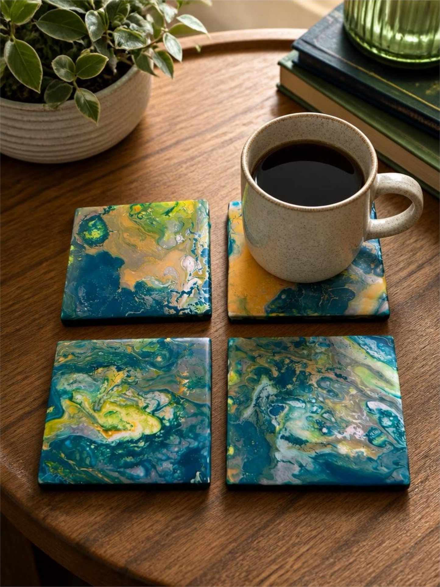 "Sun-Drenched Shore" Artisan Resin Coaster Set