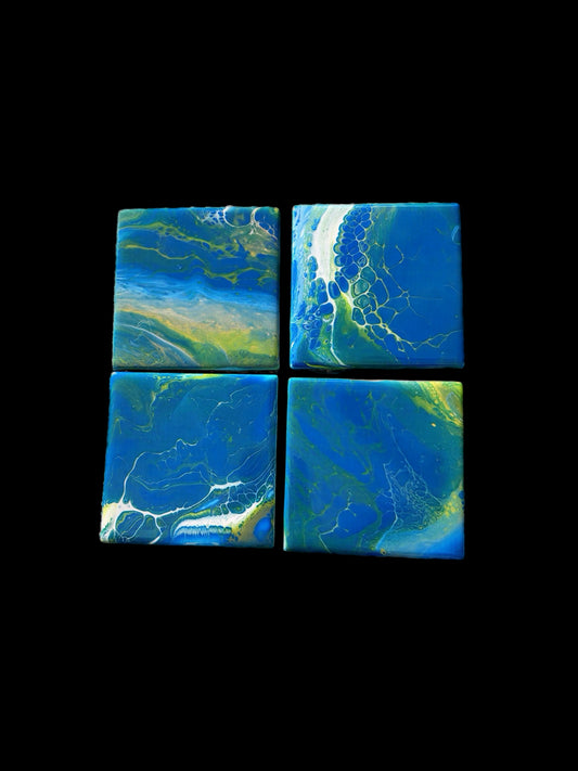 Ocean Currents Hand-Painted Resin Coaster Set (4-Piece)