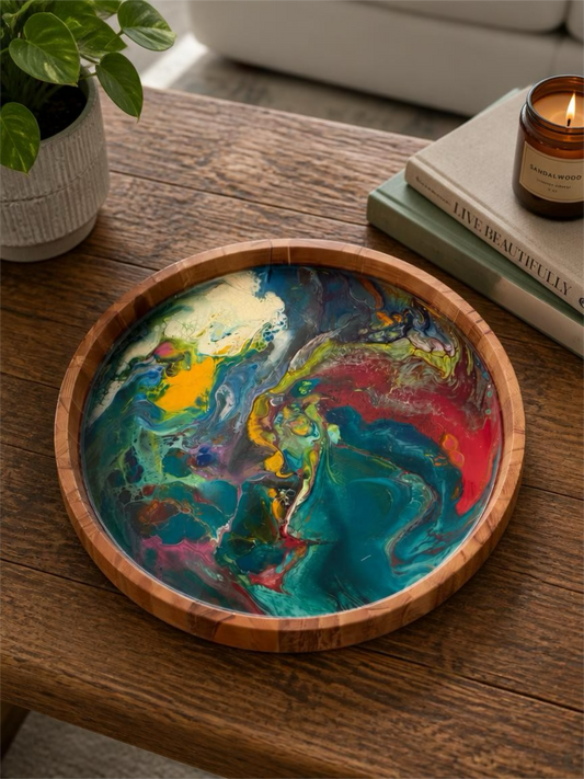 "Prism Flow" Handcrafted Resin Art 14 Inch Wood Tray