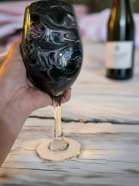 Handcrafted Black, White & Pink Marbled Wine Glass
