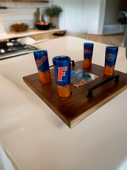 Handcrafted Florida Gators Shot Glass Serving Tray Set