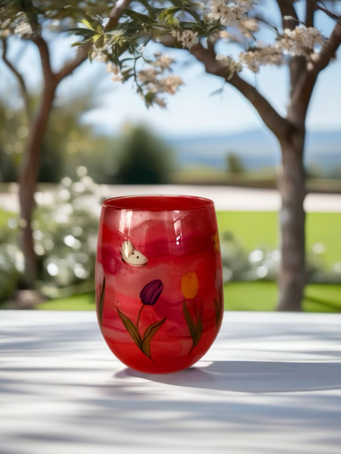 Enchanted Garden Stemless Wine Glass – Crimson & Tulips