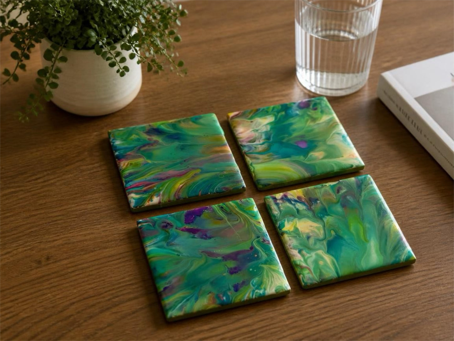 Botanical Wave Glossy Acrylic Coasters – Set of 4