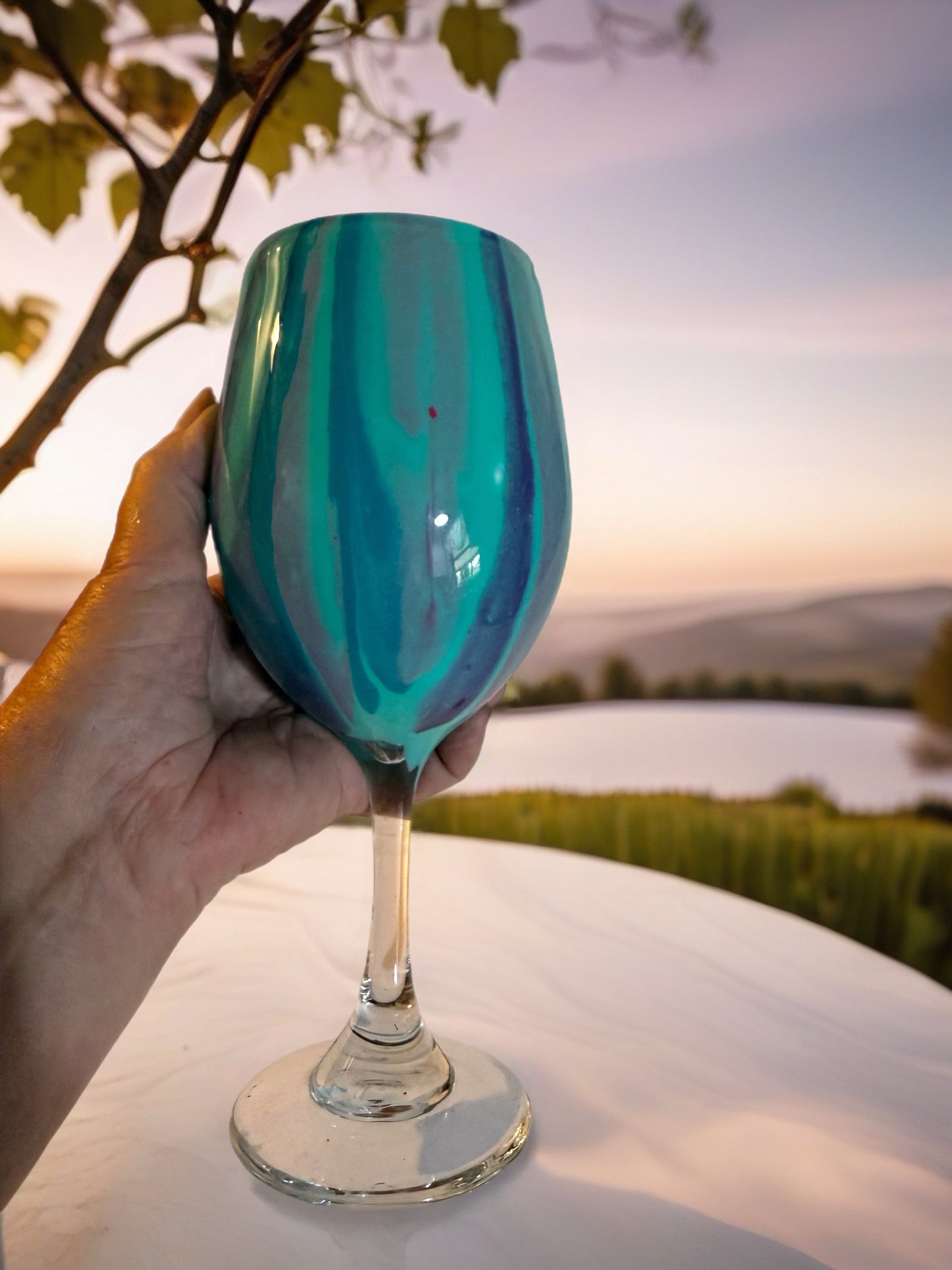 Handcrafted Teal Marbled Wine Glass Teal
