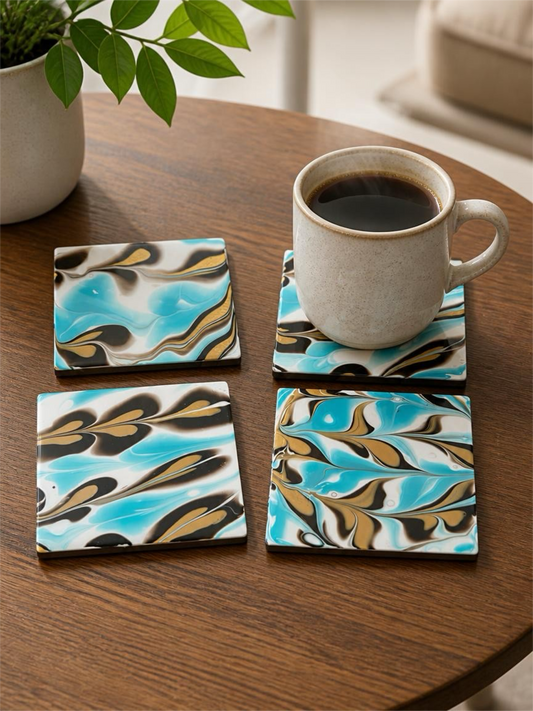 Feathered Marbled Fluid Art Coasters – Turquoise, Gold, & Obsidian
