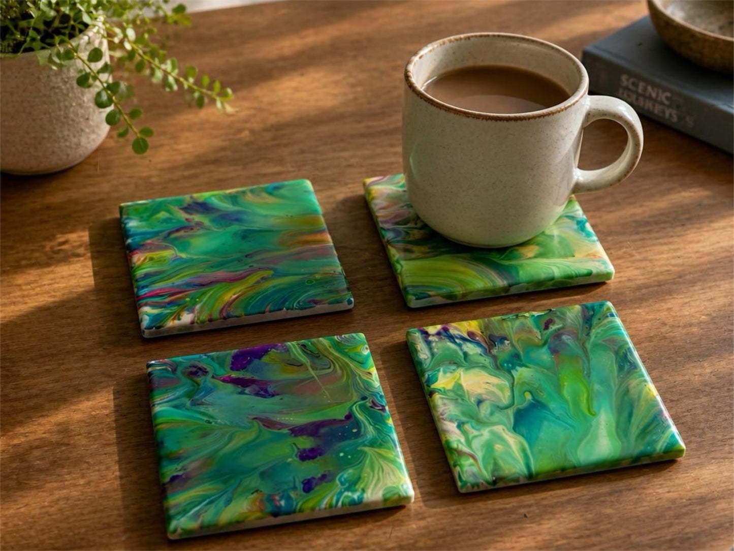 Botanical Wave Glossy Acrylic Coasters – Set of 4