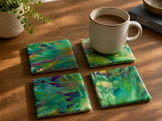 Botanical Wave Glossy Acrylic Coasters – Set of 4
