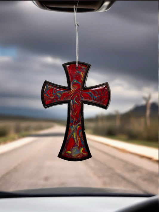 Fiesta Kaleidoscope Fluid Art 5-Inch Wooden Cross